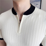 夏季冰丝薄款短袖T恤男暗条纹针织半拉链拼色立领polo衫MT044-P57，男装Polo衫，电商A213