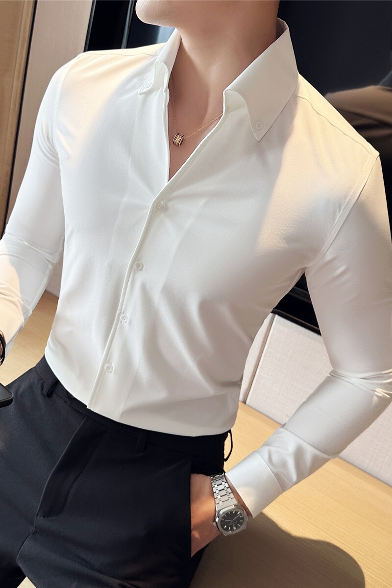 高级感纯色V领衬衫男长袖立领衬衣垂坠感一字领衬衫白色C6623-P58图片