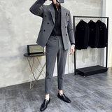 质感戗驳领双排扣西服套装修身高级感条纹西装藏青色LJT152-P230，男装西服套装，电商A213