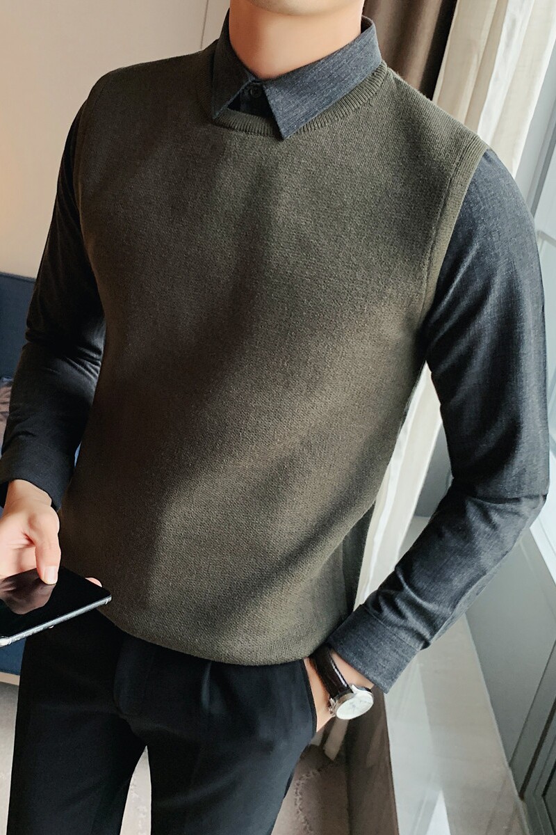 质感衬衫领假两件纯色毛衣针织套头毛衣男军绿色M1511-P95,男装针织衫/毛衣,电商A213
