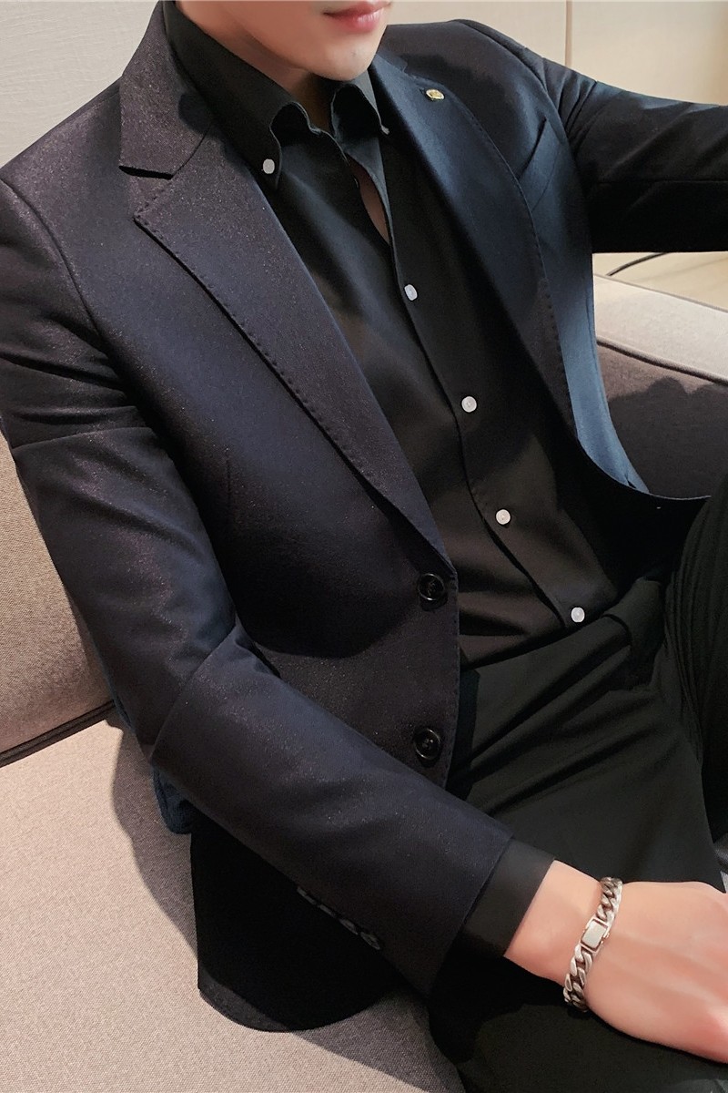 春款质感亮面西装外套男士西服上衣修身商务单西藏青色DX403-P155图片