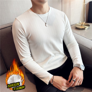高級(jí)感加厚加絨彈力條紋修身長袖T恤男圓領(lǐng)打底衫白色JR2006-P47圖片