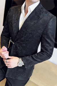 戗驳领皮西装男士皮面质感暗花休闲西服外套提花西装DX8812-P168图片