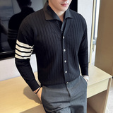 男士假两件针织衫开衫衬衫领时尚条纹毛衣外套两件套M93103-P93，男装针织衫/毛衣，电商A213