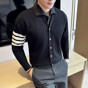男士假两件针织衫开衫衬衫领时尚条纹毛衣外套两件套M93103-P93图片