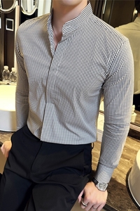 高级感格纹长袖衬衫立领衬衣男休闲商务衬衣千鸟格时尚C2360-P63图片