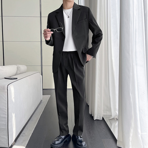 高级感西服套装男微阔两粒扣垂感西装两件套黑色LJT5507-P235图片