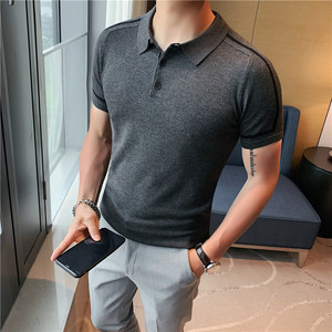 夏装时尚拼色条纹修身弹力针织冰丝T恤衫男短袖POLO衫PL9802-P55图片