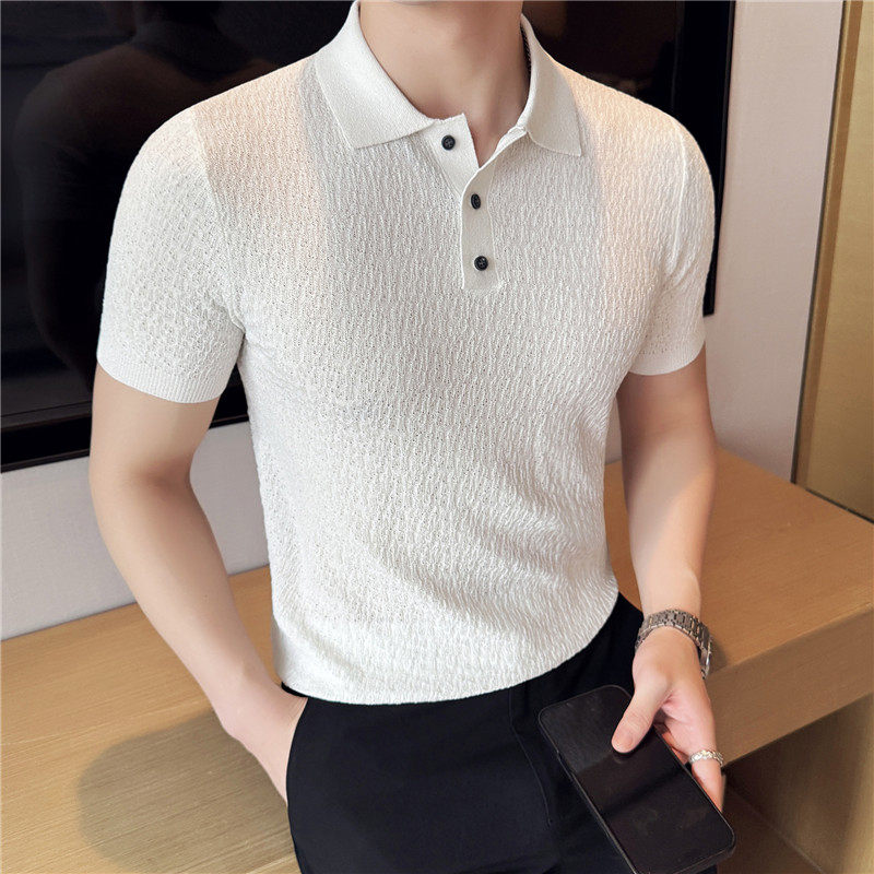 高级感冰丝薄款针织短袖Polo衫翻领立体感肌理感T恤男PL8518-P63,男装Polo衫,电商A213