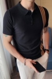 时尚半边条纹修身弹力薄款冰丝针织T恤衫男短袖POLO衫PL9803-P58，男装T恤，电商A213