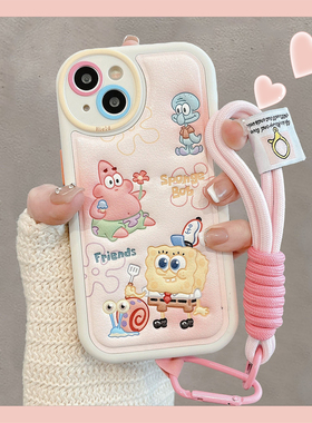 适用1514pro卡通印压皮革海绵宝宝小众高级感13promax可爱12网红挂绳11新款max皮质印压全包