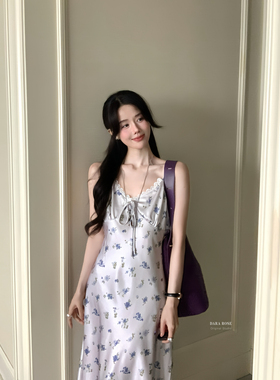 DARA ROSE-夏上新蕾丝花边蝴蝶结系带收腰长款吊带裙连衣裙