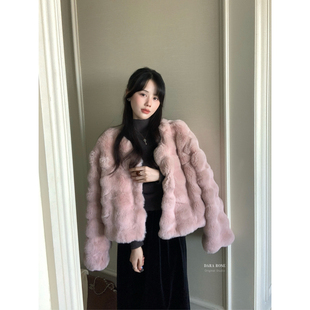 DARA ROSE-大爆款毛毛外套韩国定染浅粉色圆领毛毛球球短外套