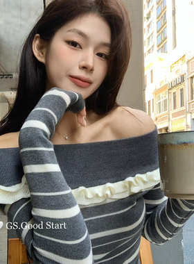 GS.GOOD START-纯欲感拉满～时髦撞色条纹花边一字肩针织小衫G780
