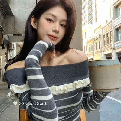GS.GOOD START-纯欲感拉满～时髦撞色条纹花边一字肩针织小衫G780