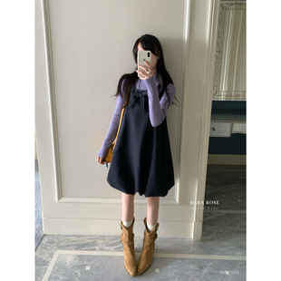 DARA ROSE大爆款miu系裙韩系甜美蝴蝶结装饰吊带呢料无袖连衣裙