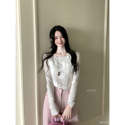 DARA ROSE-绣小衫设计立体花朵小众蕾丝白色长袖显瘦法式浪漫小衫