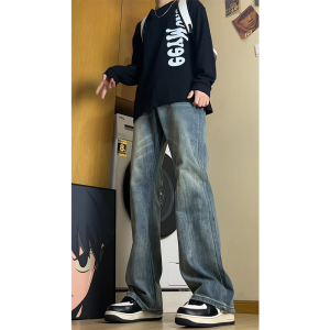 蓝色微喇牛仔裤男款春秋季2025新款cleanfit潮牌水洗宽松阔腿长裤图片