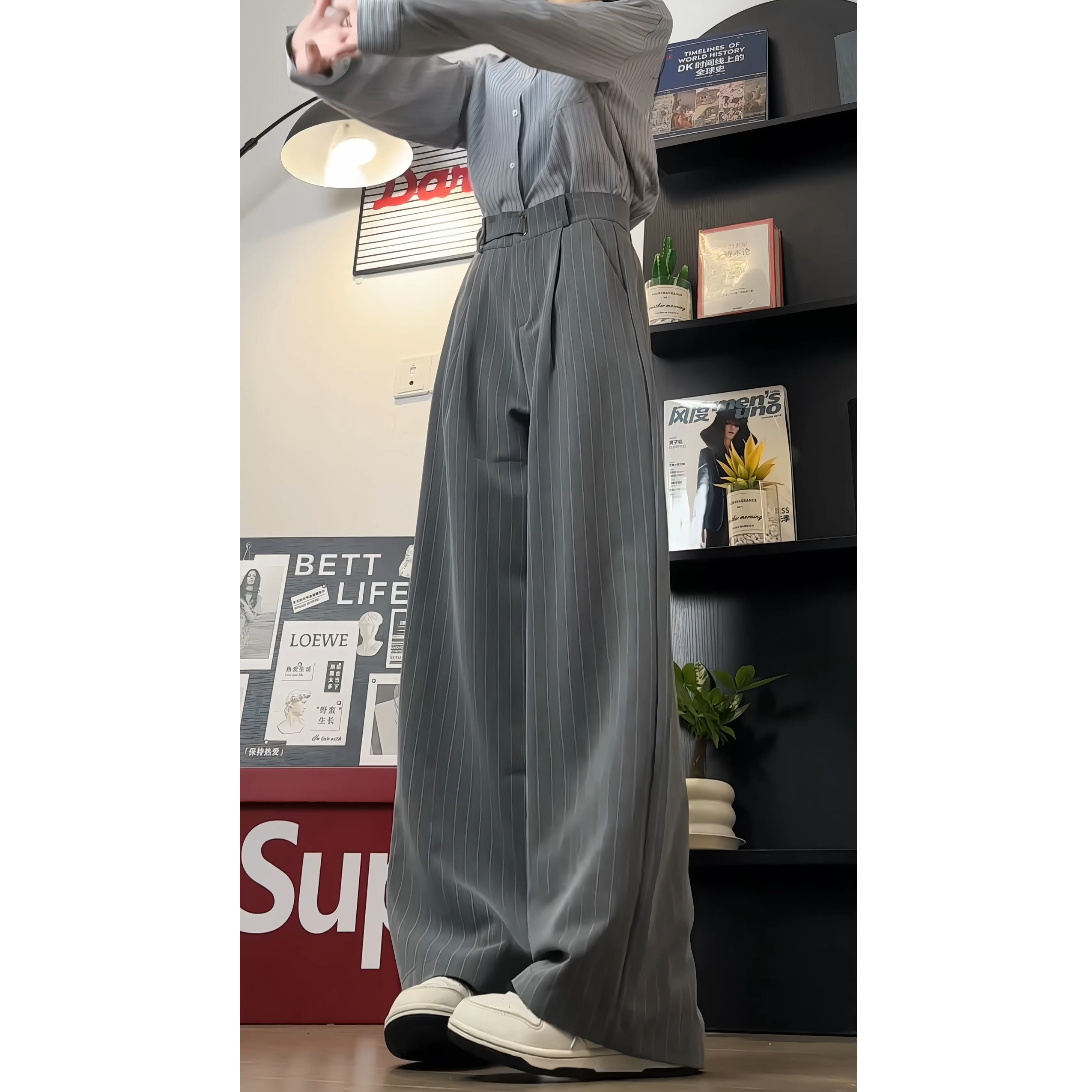 秋季宽松女复古条纹阔腿裤慵懒风休闲裤WH6908P55控78,女装牛仔裤,电商B329