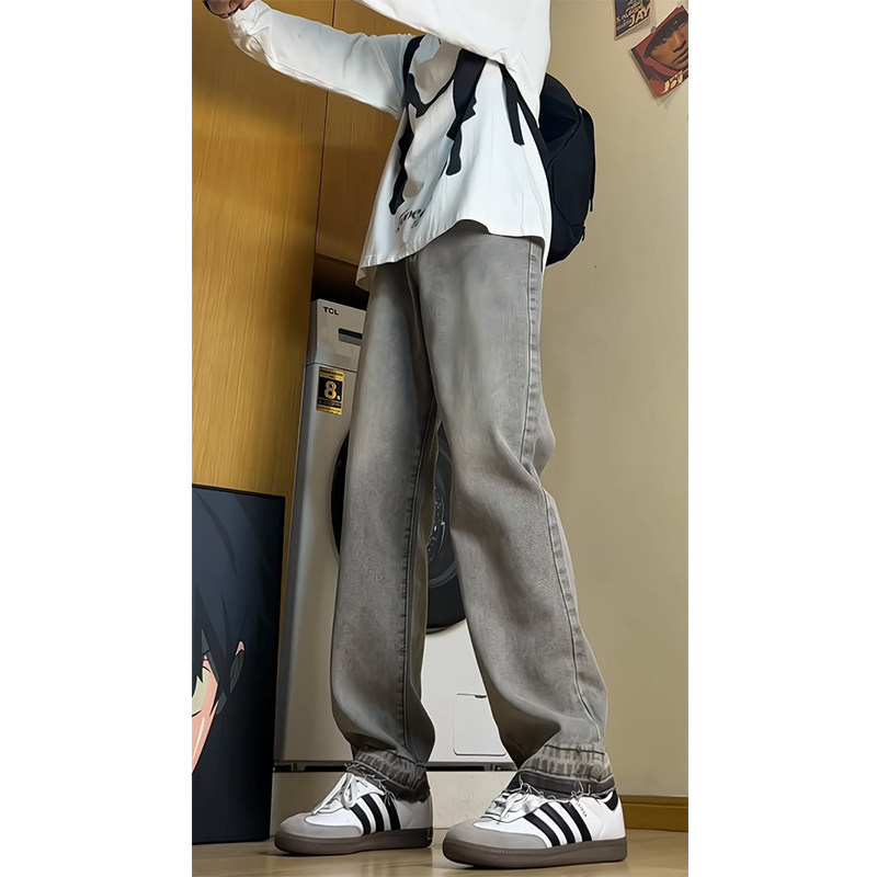 2025春季灰色大码裤脚毛边宽松牛仔裤水洗B329-KS2308P52控78Q图片