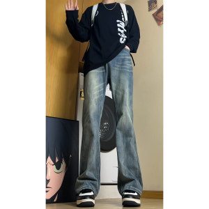 蓝色微喇牛仔裤男款春秋季2025新款cleanfit潮牌水洗宽松阔腿长裤图片