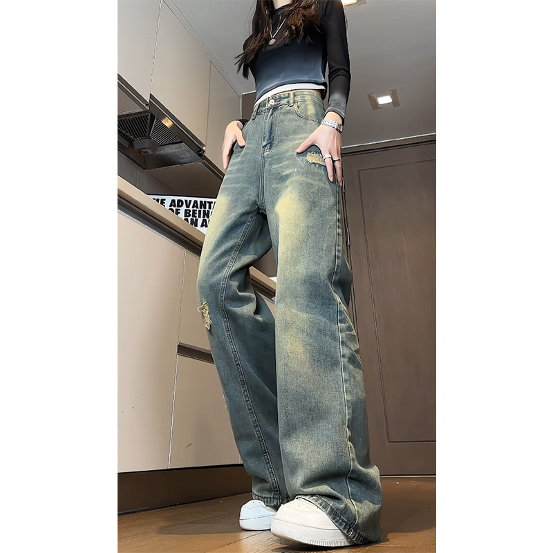 春季美式水洗做旧破洞绣花裤直筒牛仔裤男女B329-HC2570P55控78W,男装牛仔裤,电商B329