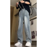 中线牛仔裤男生春秋季水洗渐变做旧设计痞帅潮牌宽松直筒阔腿长裤，男装牛仔裤，电商B329