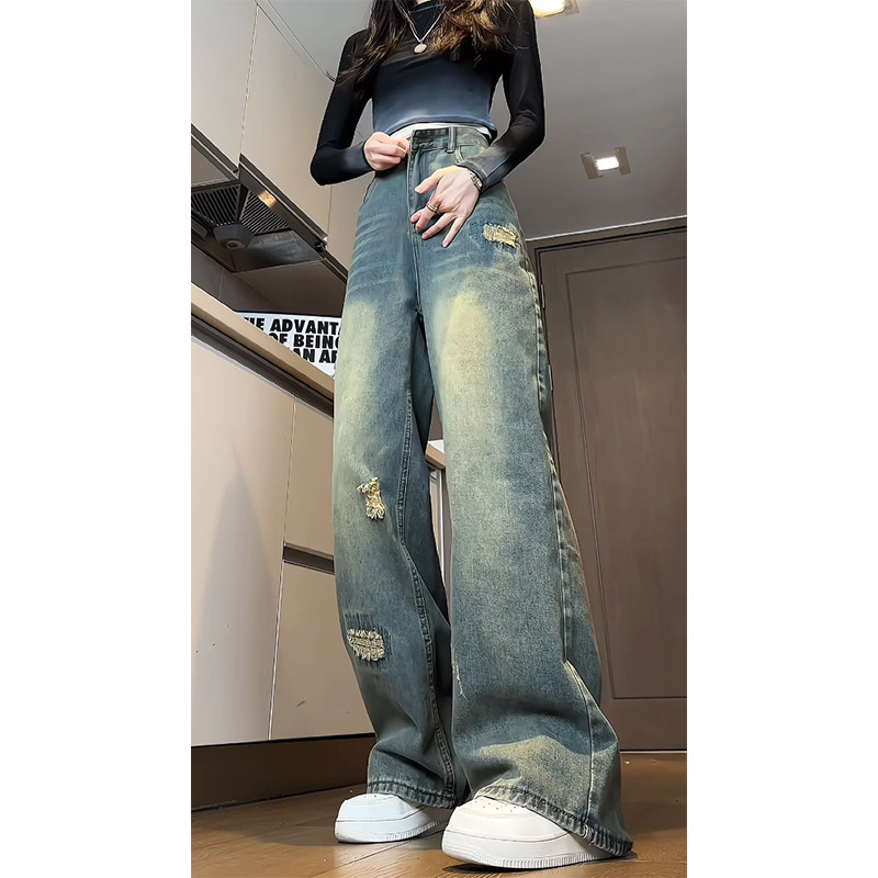 春季美式水洗做旧破洞绣花裤直筒牛仔裤男女B329-HC2570P55控78W,男装牛仔裤,电商B329