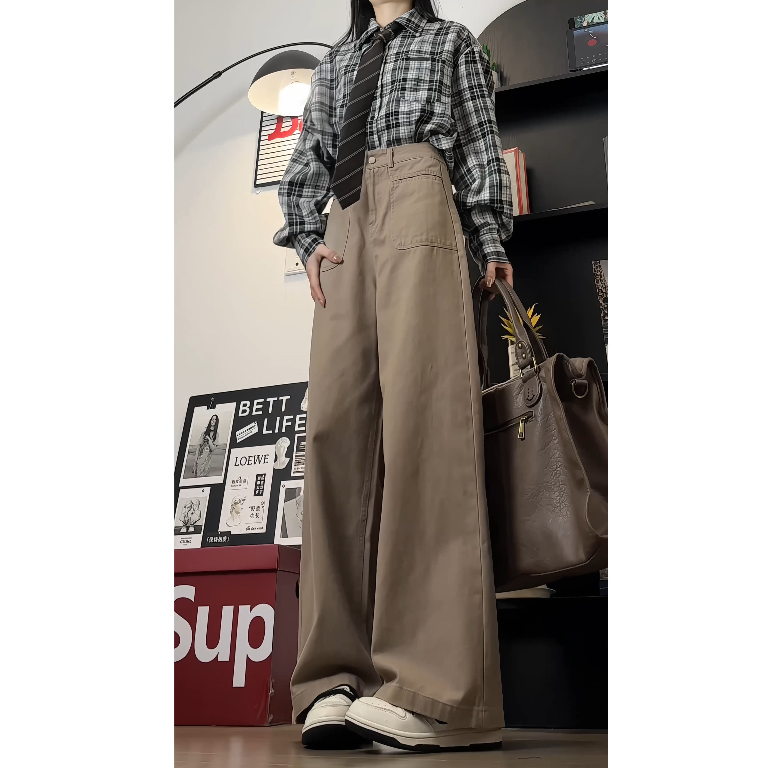 2025秋季加长帆布直筒阔腿裤女棉休闲裤工装裤WH6901P60控88,男装工装外套,电商B329