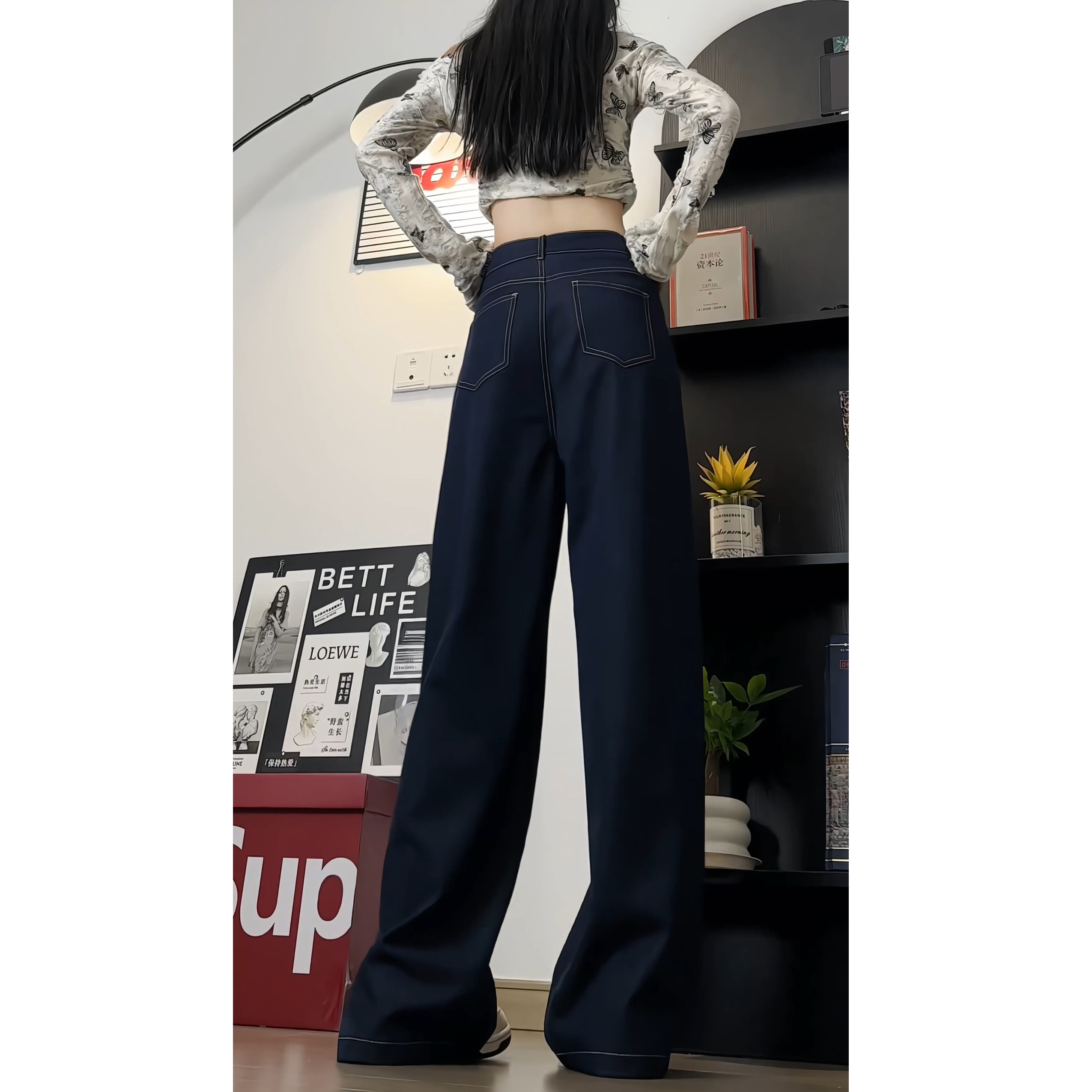 牛仔裤女秋冬季宽松阔腿裤高腰垂感显瘦休闲直筒裤WH6905P65控98,男装牛仔裤,电商B329