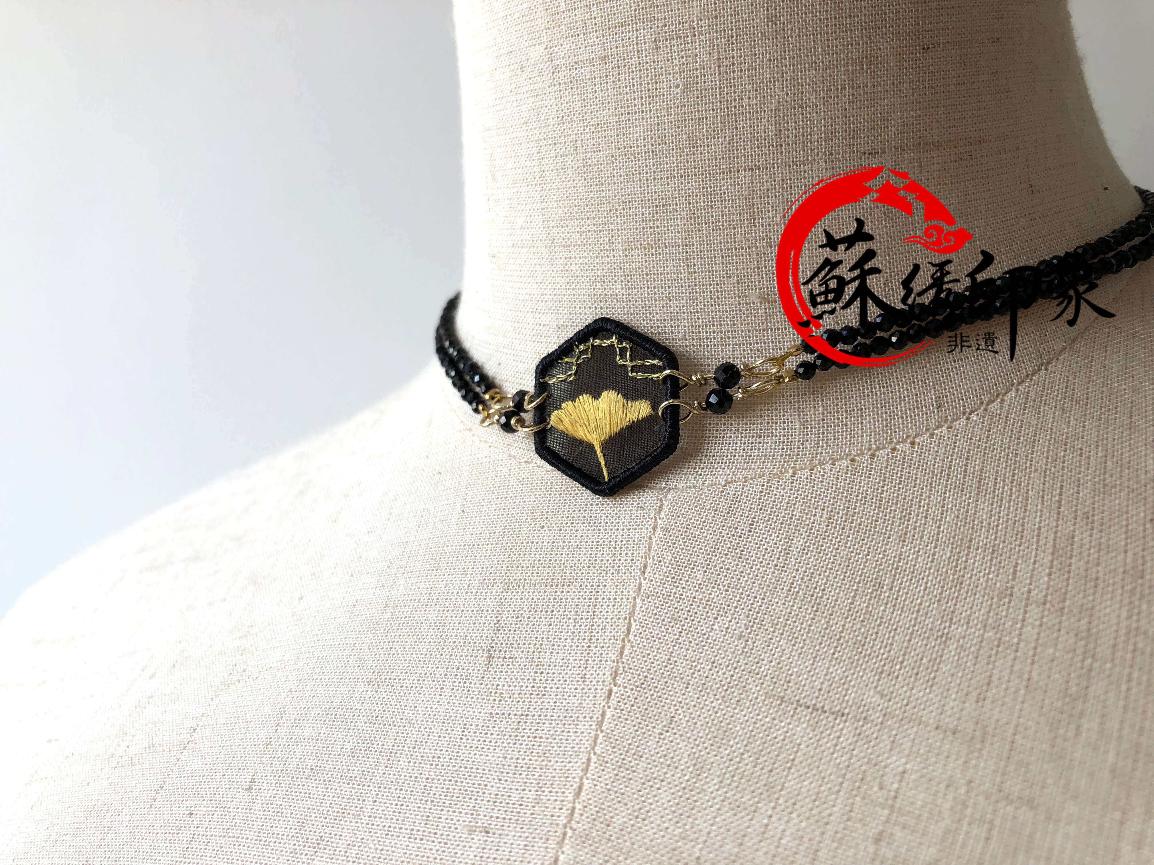 手工刺绣中国风choker项链绣花