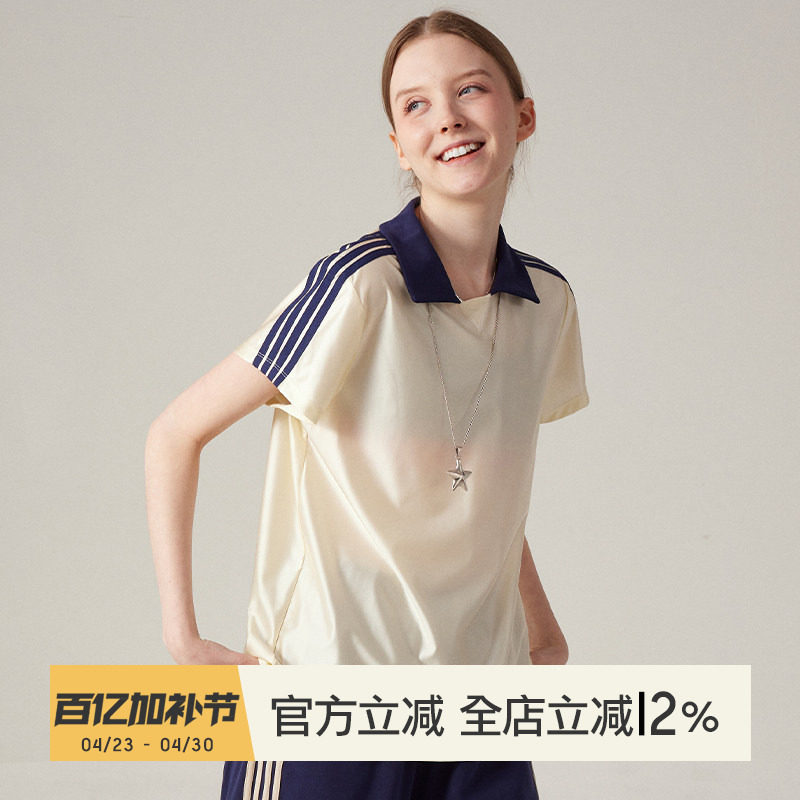 小溪家复古运动T恤翻领学院风短袖正肩显瘦上衣女撞色跑步训练服