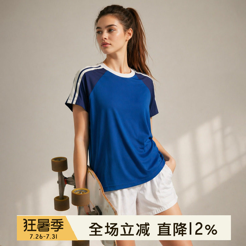小溪家复古撞色条纹短袖T恤女速干凉感蓝色圆领拼色显瘦运动上衣