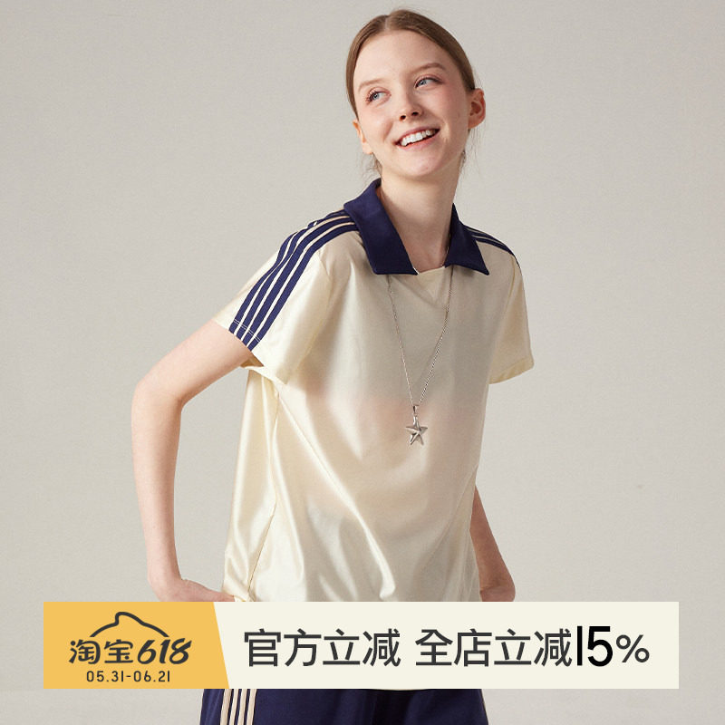 小溪家复古运动T恤翻领学院风短袖正肩显瘦上衣女撞色跑步训练服