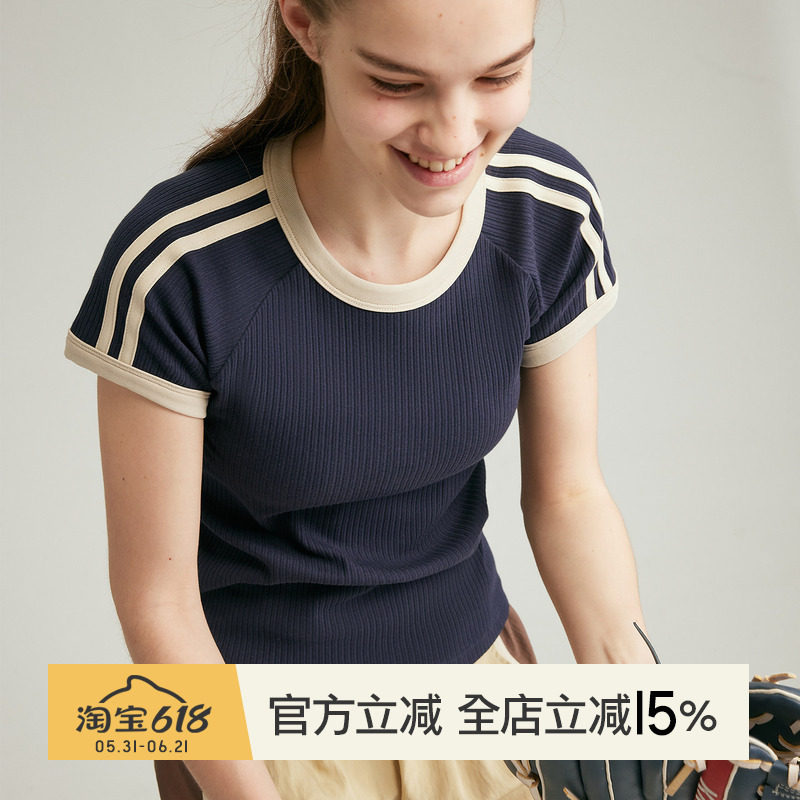 小溪家美式撞色罗纹短袖女修身高弹棉质T恤复古显瘦运动健身上衣