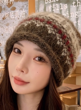 针织毛线帽堆堆帽女包头显脸冷帽秋冬护耳慵懒防寒保暖费尔岛帽子