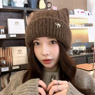 韩国新款可爱冬款耳朵毛线帽子女款秋冬季百搭保暖显脸护耳针织帽