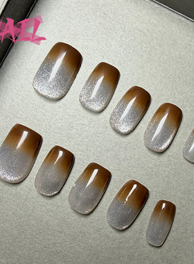 手绘穿戴猫眼甲长款杏短方甲片棕色渐变手绘千金感美甲片
