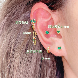 钛钢金色复古巴洛克祖母绿钻金链流苏耳骨钉显白小绿钻耳钉