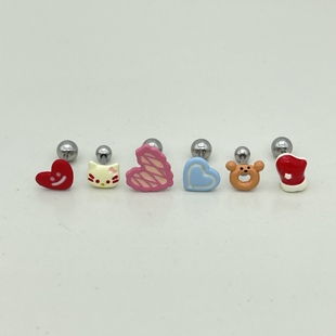 猴子家ACC原创钛钢kt小熊红心笑脸卡通可爱韩国耳骨钉拧螺丝养耳
