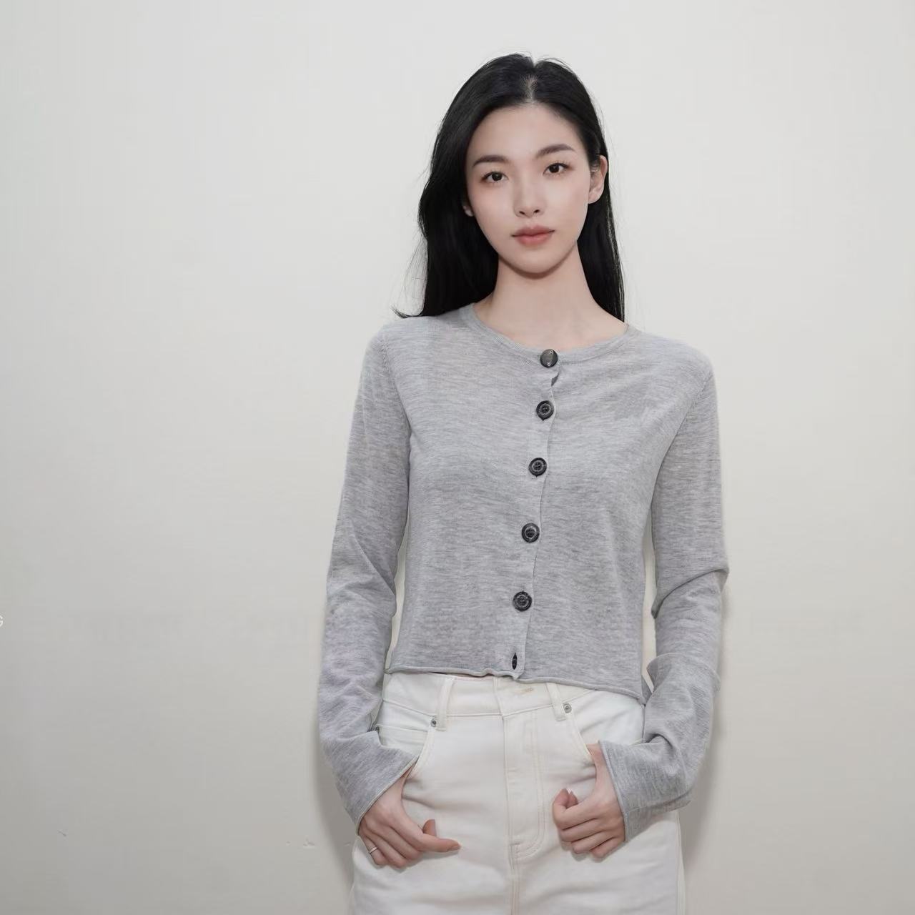 法式复古圆领撞色条纹长袖开衫上衣