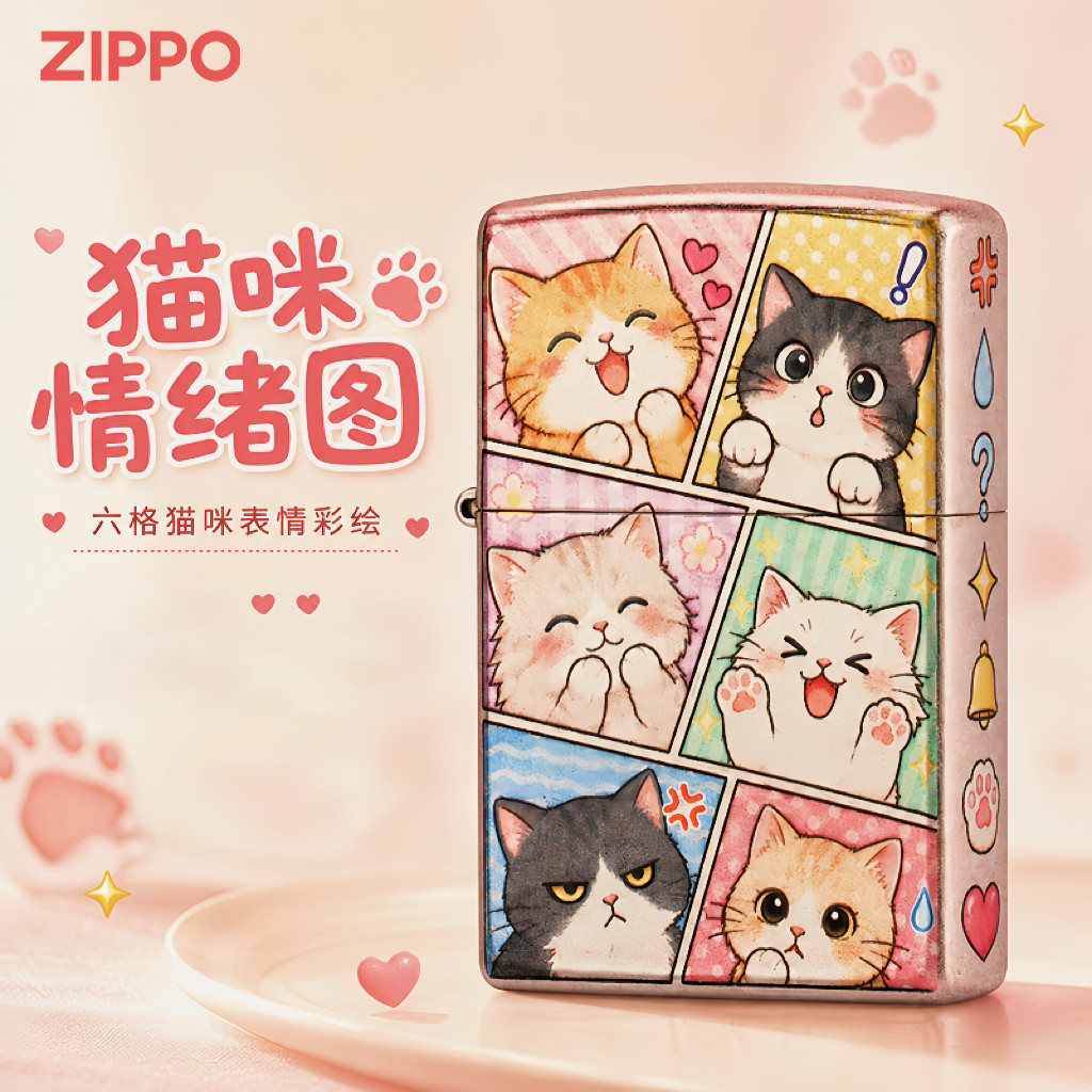 zippo打火机猫咪情绪图可爱彩印煤油防风生日礼物送男士正品外壳图片
