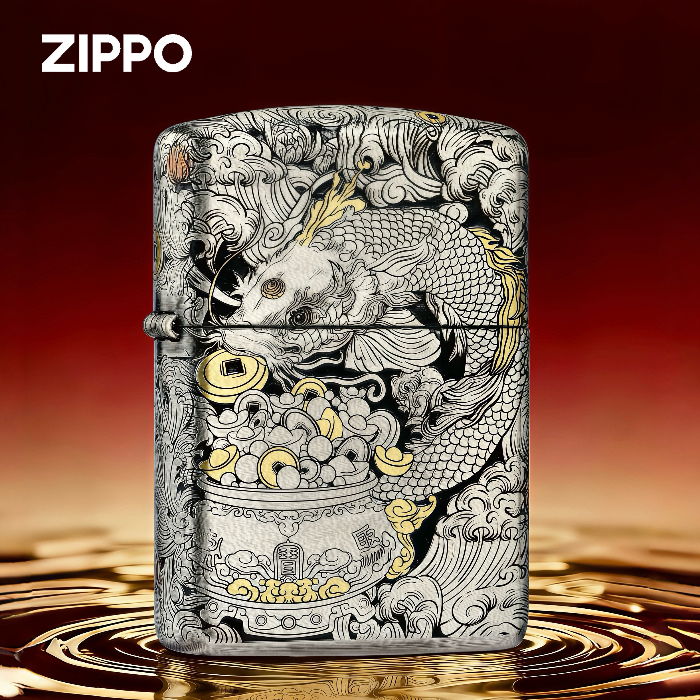 zippo打火机错金银吉鱼献瑞官方旗舰正品盔甲机正版外壳煤油防风