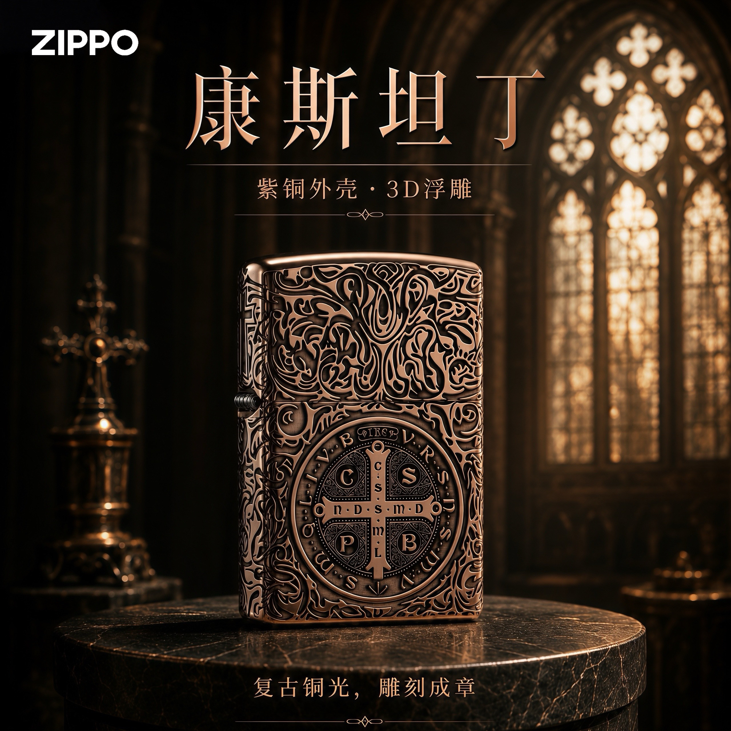 zippo打火机正品重甲3D浮雕紫铜康斯坦丁煤油防风送男友礼物外壳
