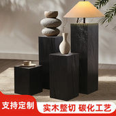 侘寂风方形碳化木墩子民宿创意复古木桩花架边几原木盆景架展示架
