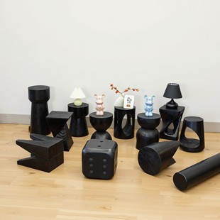 凳角几 侘寂风碳化实木墩子圆凳边几原木矮凳民宿树桩摆件花架换鞋