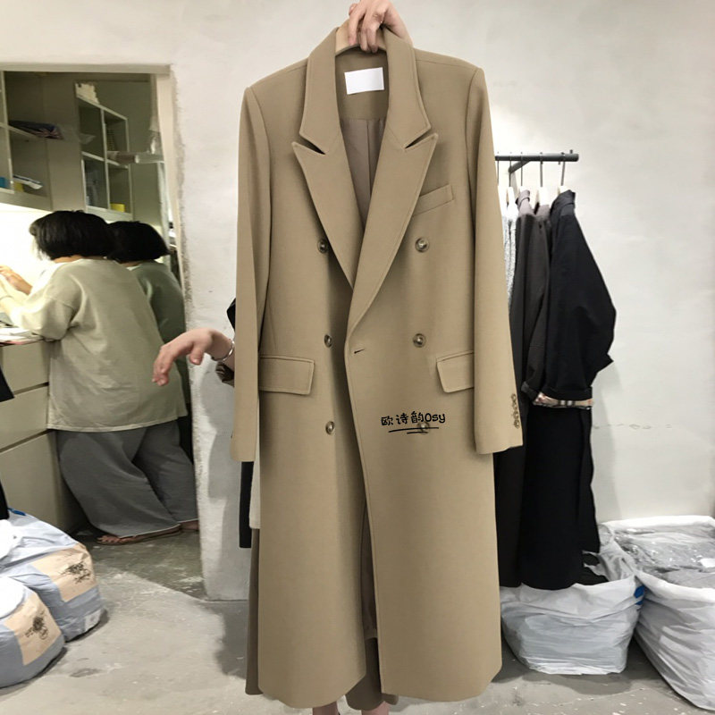 韩版中长款双排扣长袖西装外套女