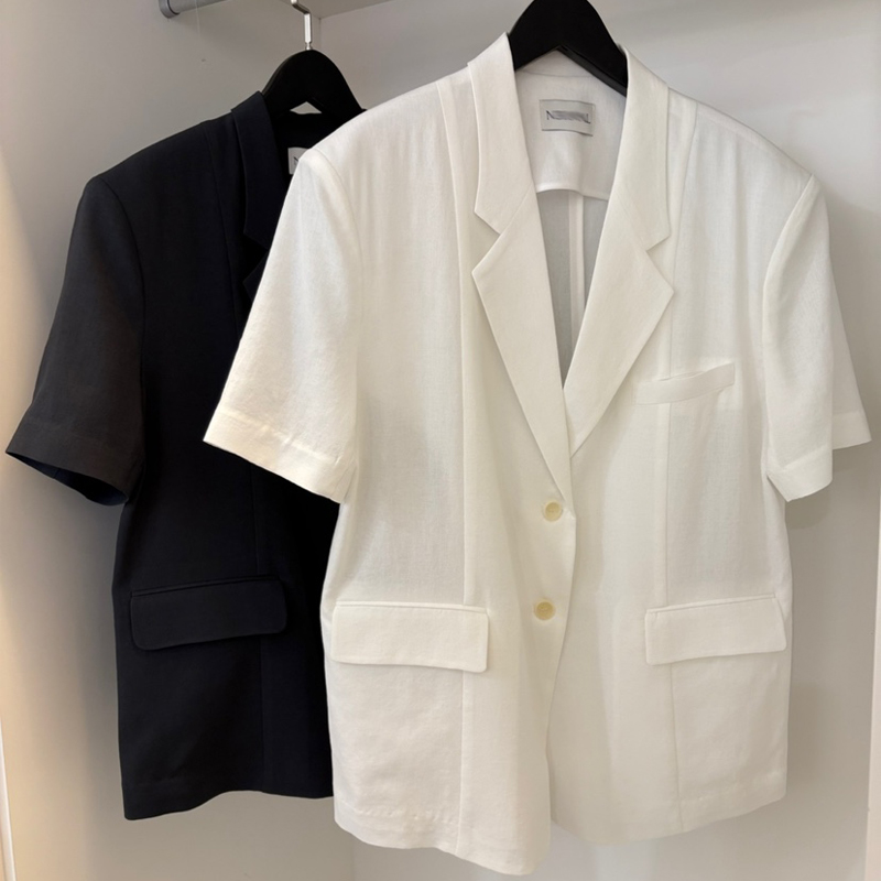 2025夏季新款韩版宽松薄款短袖棉麻西装外套女高级感百搭西服上衣