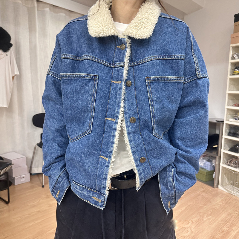 羊羔毛牛仔棉服短外套女2026冬新款韩版宽松加厚小个子毛绒绒棉衣