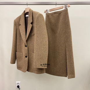 毛呢西装套装女2024秋冬新款韩版宽松时尚小西服外套半身裙两件套